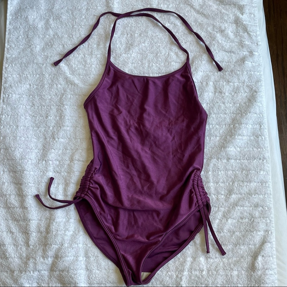 Purple American Apparel halter one piece swimsuit